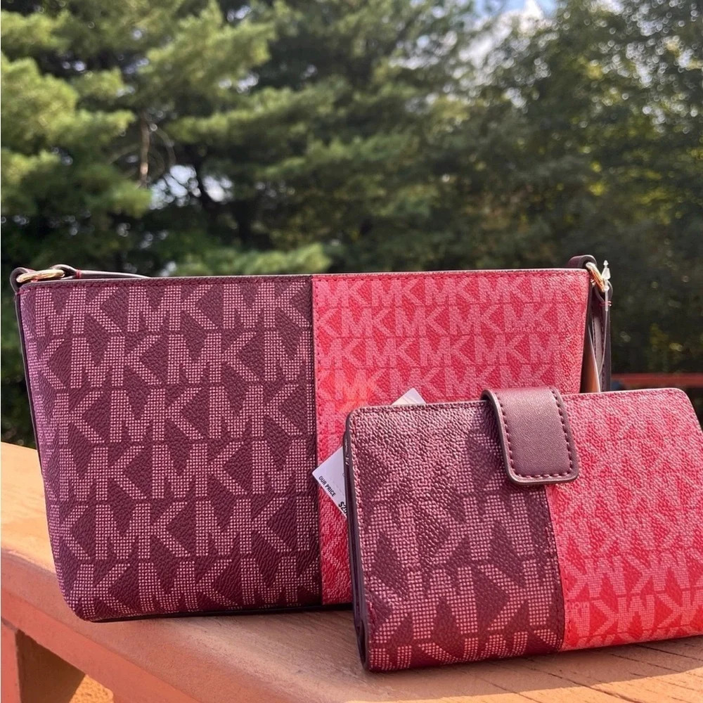 Michael Kors Oxblood MK Logo Crossbody Bag & Wallet Set Gold Hardware NWT - Picture 3 of 6